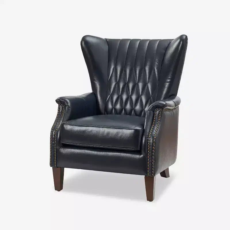 Wallace Genuine Leather Armchair with Nailhead Trims and Solid Wood LegsHULALA HOME-NAVY