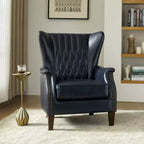 Poltrona a pozzetto in vera pelle con borchie decorative e gambe in legno massello, blu nautico