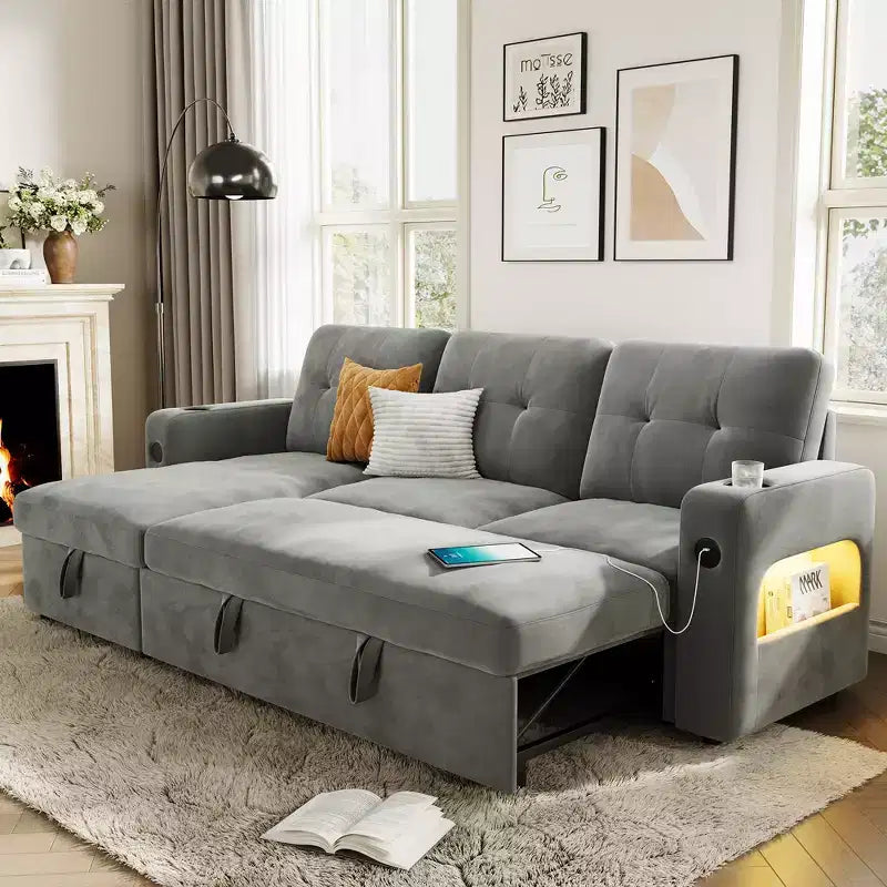 Divano a L, Divano Letto, Divano Estraibile Convertibile con Contenitore, Luci LED, Divano Sezionale Moderno per Soggiorno, Appartamento, Grigio