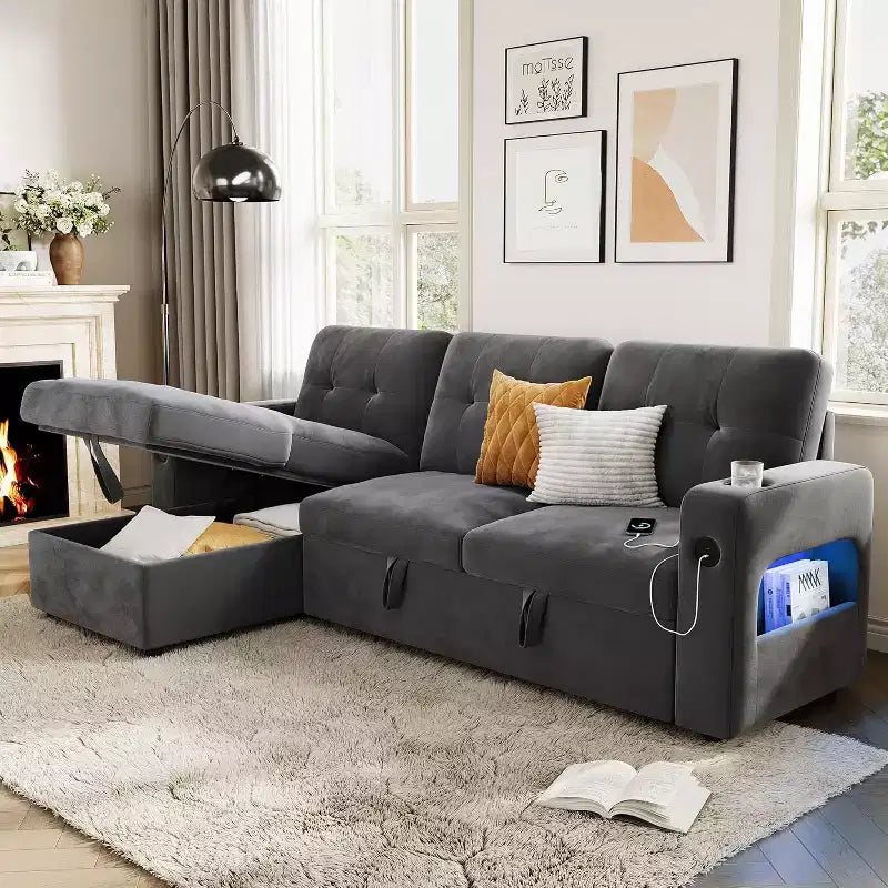 Divano a L, Divano Letto, Divano Estraibile Convertibile con Contenitore, Luci LED, Divano Sezionale Moderno per Soggiorno, Appartamento, Grigio