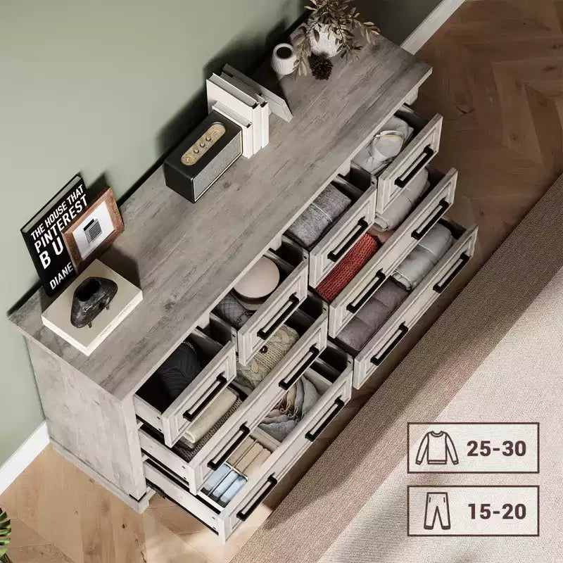 Cassettiera a 8 cassetti per camera da letto, comò in legno da 55W con maniglie in metallo, cassettiera grande per TV, organizzatore di archiviazione per armadio