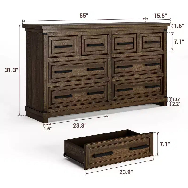 Cassettiera a 8 cassetti per camera da letto, comò in legno da 55W con maniglie in metallo, cassettiera grande per TV, organizzatore di archiviazione per armadio