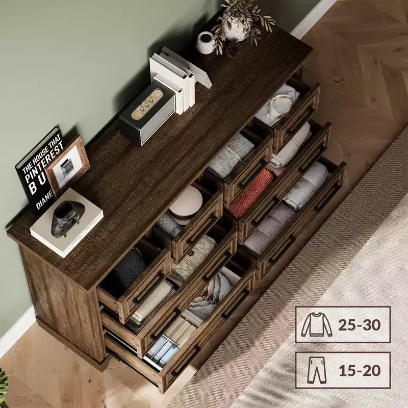 Cassettiera a 8 cassetti per camera da letto, comò in legno da 55W con maniglie in metallo, cassettiera grande per TV, organizzatore di archiviazione per armadio