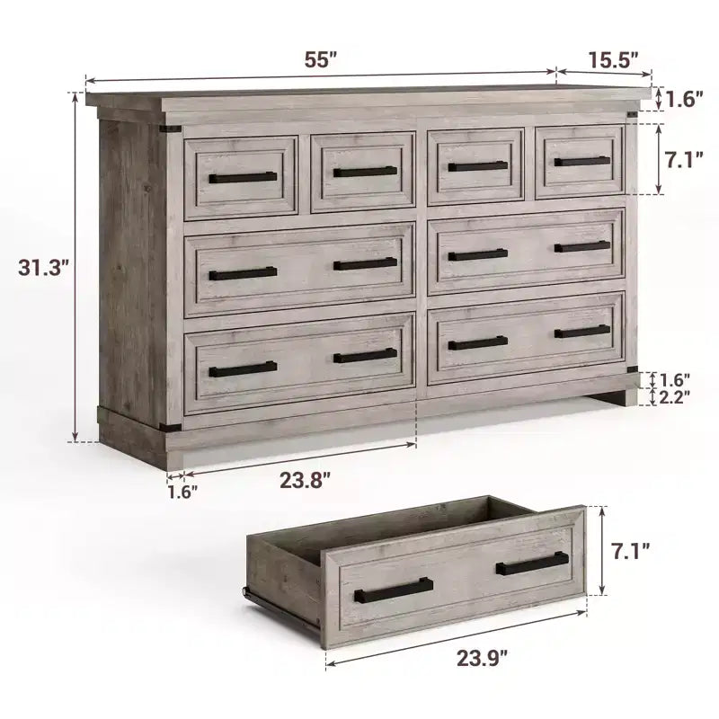 Cassettiera a 8 cassetti per camera da letto, comò in legno da 55W con maniglie in metallo, cassettiera grande per TV, organizzatore di archiviazione per armadio