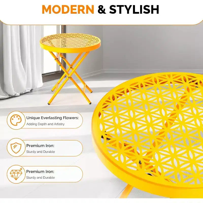 Tavolino pieghevole da patio, piccolo tavolo da esterno con motivo floreale e struttura in metallo a X, giallo, 1 pezzo