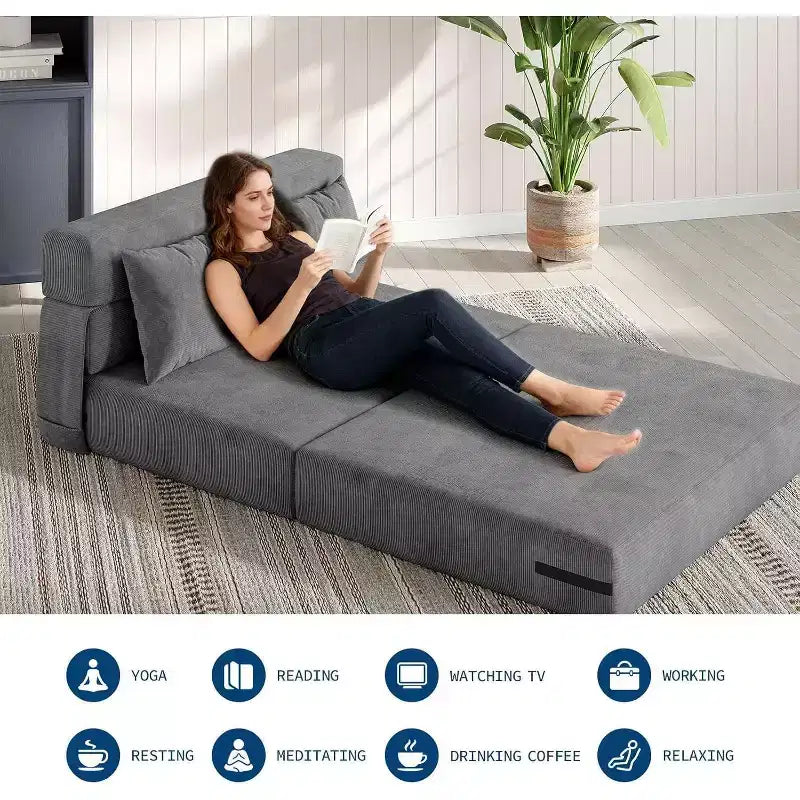 Divano Letto Pieghevole 4 in 1 e Poltrona Letto, Divanetto Trasformabile da 203 cm con Cuscino, Chaise Longue da Pavimento Trapuntata per Soggiorno, Camera da Letto, Camera degli Ospiti