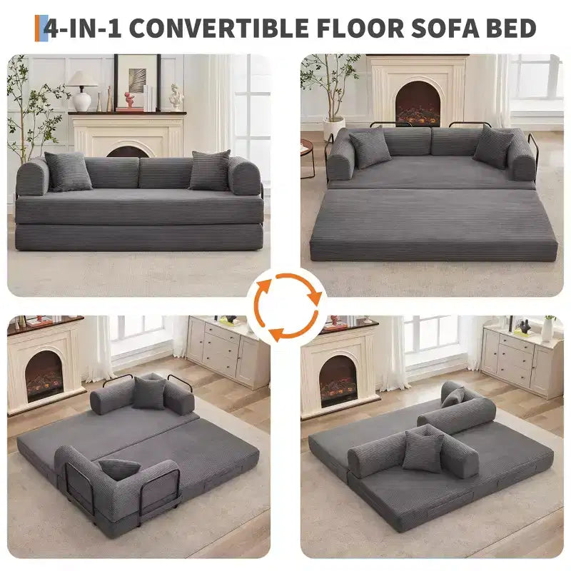 Divano letto convertibile da 78'', divano boneless 4 in 1 in velluto a coste con cuscini, divano componibile pieghevole con letto estraibile, divano da pavimento a due posti