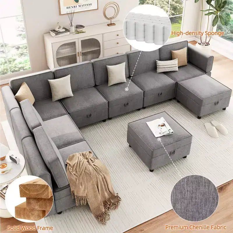 139.4 Divano sezionale reversibile in ciniglia, divano sezionale modulare a 9 posti, divano letto con chaise longue