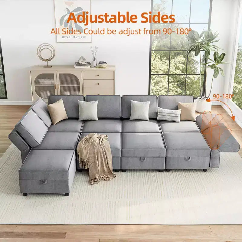 139.4 Divano sezionale reversibile in ciniglia, divano sezionale modulare a 9 posti, divano letto con chaise longue