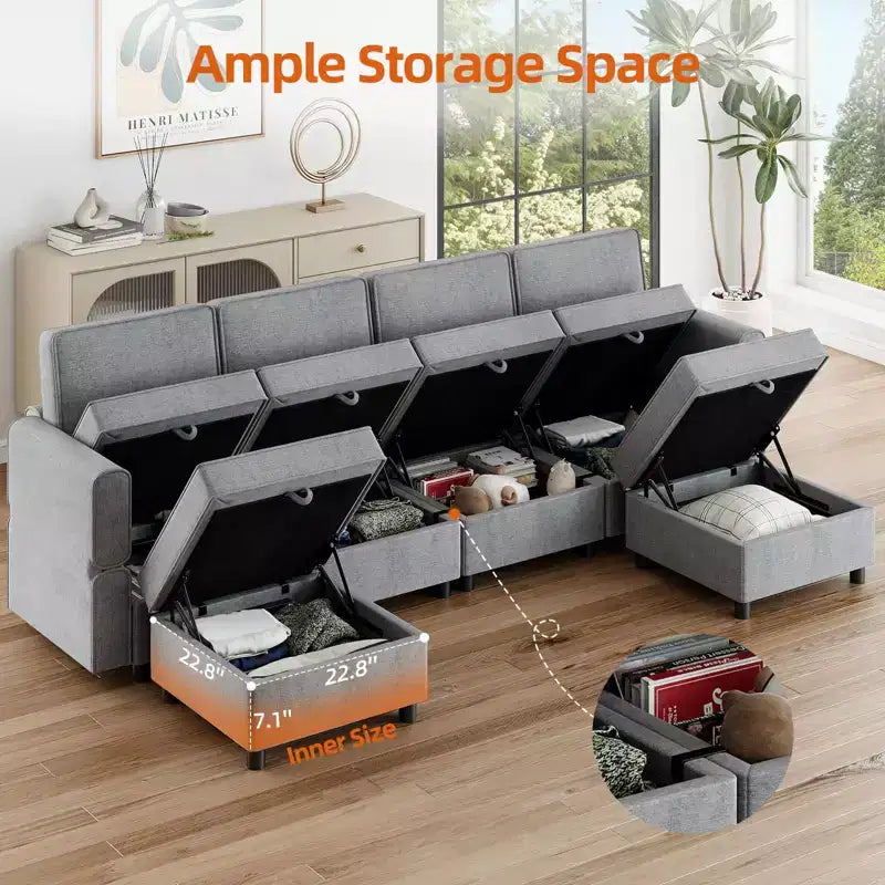 139.4 Divano sezionale reversibile in ciniglia, divano sezionale modulare a 9 posti, divano letto con chaise longue