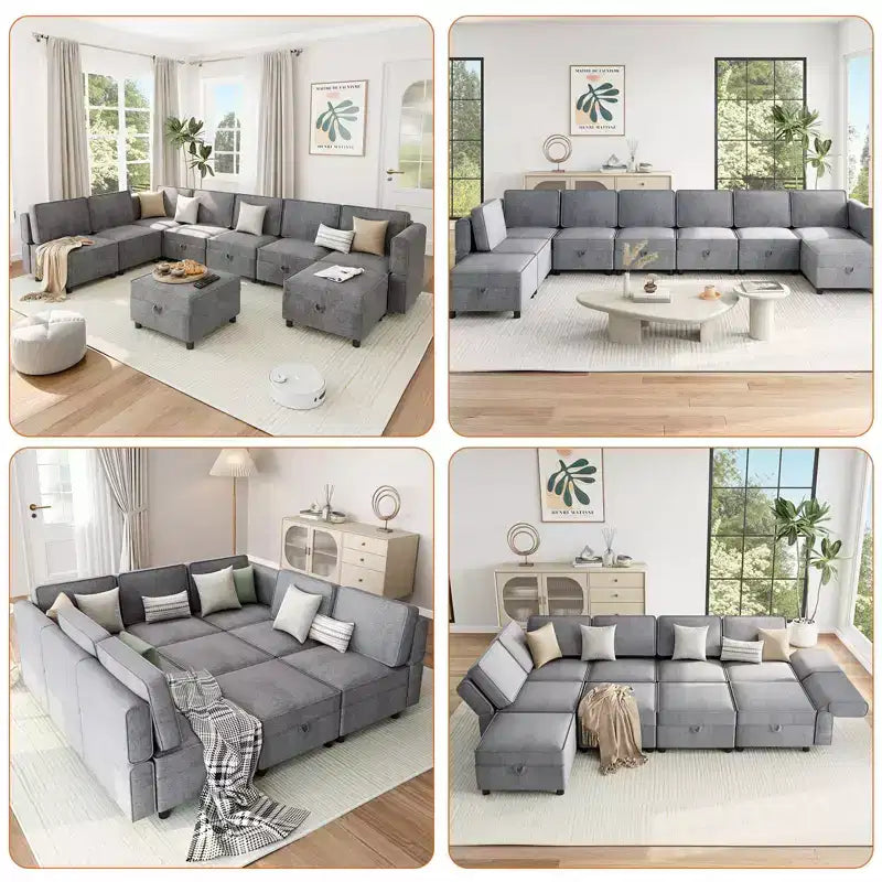 139.4 Divano sezionale reversibile in ciniglia, divano sezionale modulare a 9 posti, divano letto con chaise longue