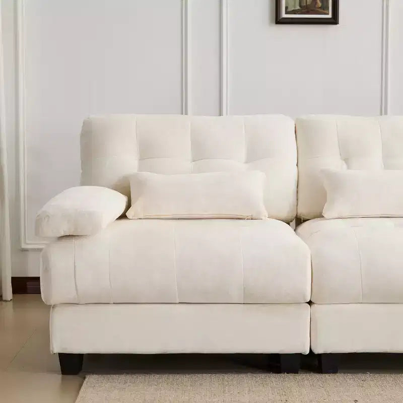 Divano Whisen 119 in ciniglia a 4 posti, divano componibile e divano con 2 pouf, schienale regolabile, 4 cuscini decorativi