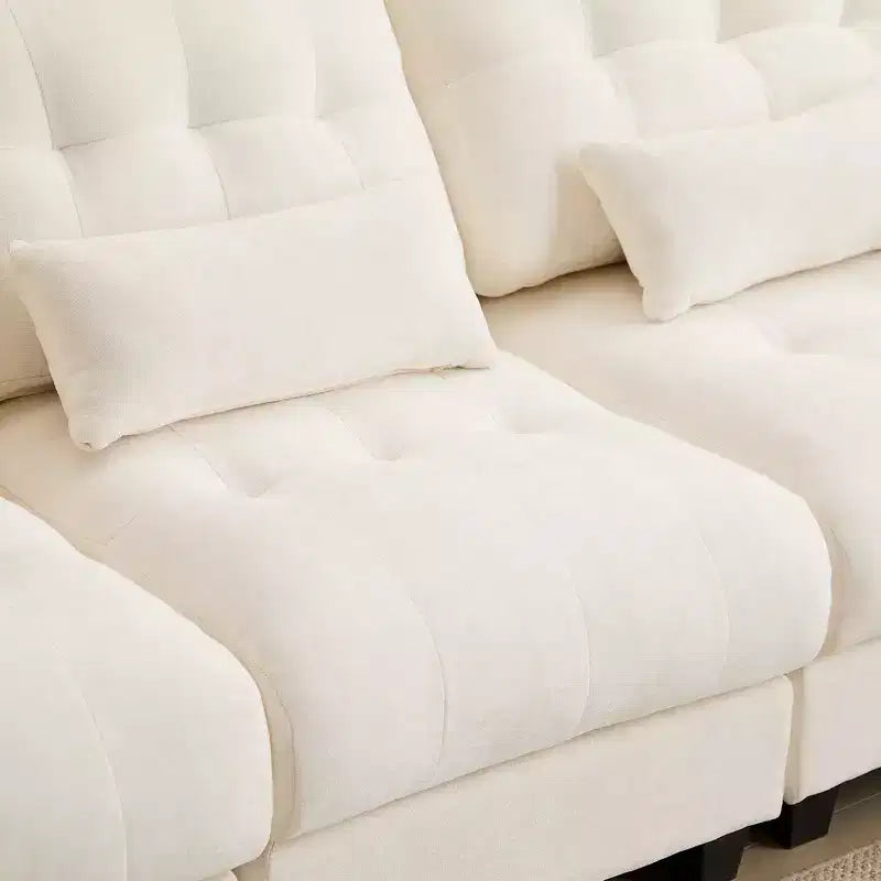 Divano Whisen 119 in ciniglia a 4 posti, divano componibile e divano con 2 pouf, schienale regolabile, 4 cuscini decorativi