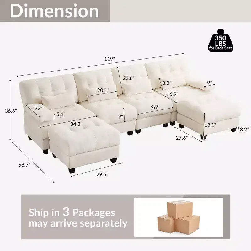 Divano Whisen 119 in ciniglia a 4 posti, divano componibile e divano con 2 pouf, schienale regolabile, 4 cuscini decorativi
