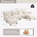 Divano Whisen 119 in ciniglia a 4 posti, divano componibile e divano con 2 pouf, schienale regolabile, 4 cuscini decorativi