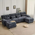 Divano Whisen 119 in ciniglia a 4 posti, divano componibile e divano con 2 pouf, schienale regolabile, 4 cuscini decorativi
