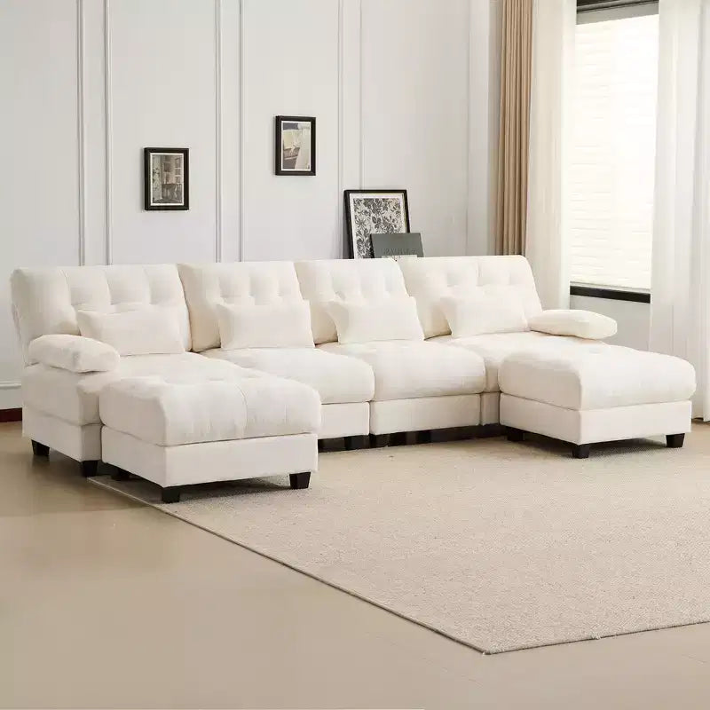 Divano Whisen 119 in ciniglia a 4 posti, divano componibile e divano con 2 pouf, schienale regolabile, 4 cuscini decorativi