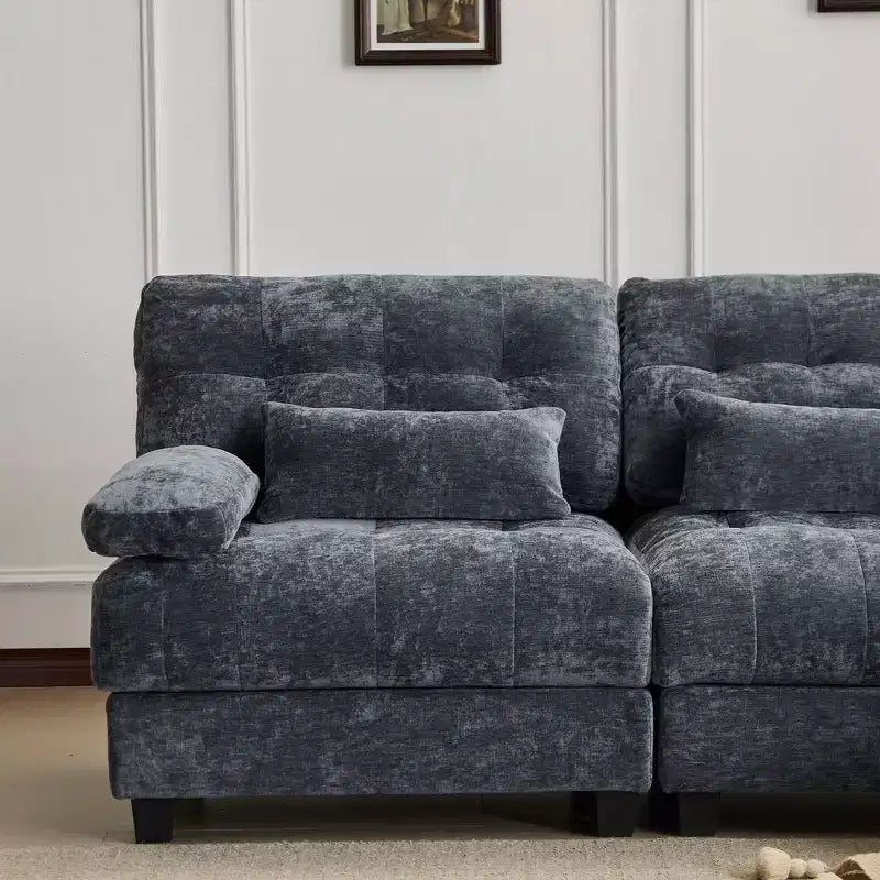 Divano Whisen 119 in ciniglia a 4 posti, divano componibile e divano con 2 pouf, schienale regolabile, 4 cuscini decorativi