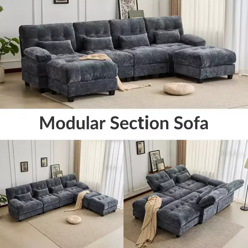 Divano Whisen 119 in ciniglia a 4 posti, divano componibile e divano con 2 pouf, schienale regolabile, 4 cuscini decorativi