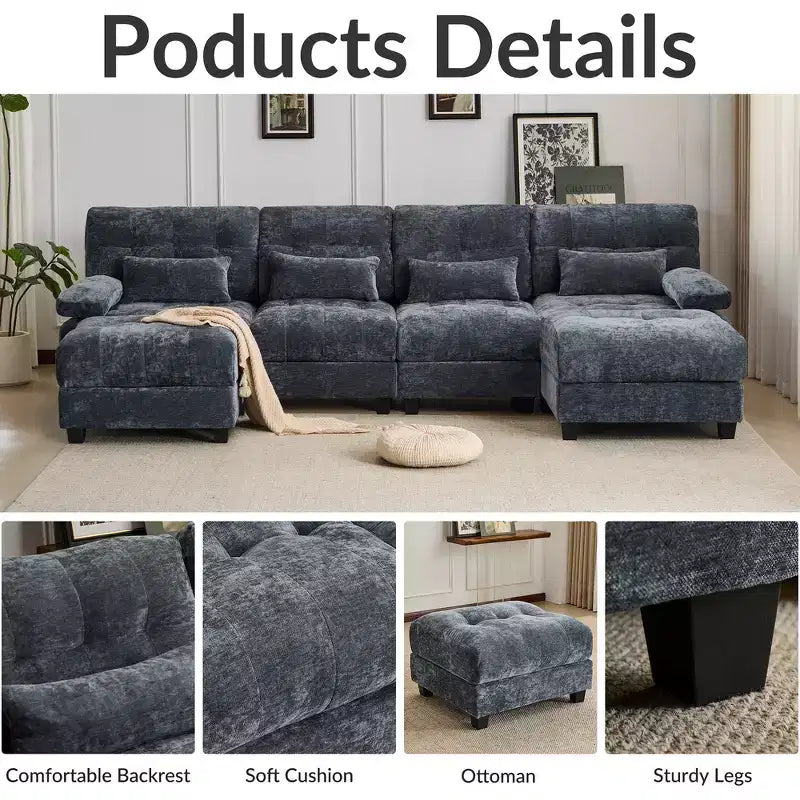 Divano Whisen 119 in ciniglia a 4 posti, divano componibile e divano con 2 pouf, schienale regolabile, 4 cuscini decorativi