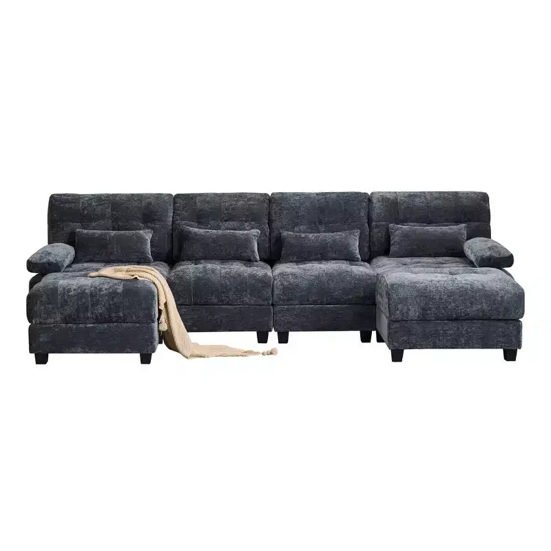Divano Whisen 119 in ciniglia a 4 posti, divano componibile e divano con 2 pouf, schienale regolabile, 4 cuscini decorativi