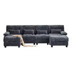 Divano Whisen 119 in ciniglia a 4 posti, divano componibile e divano con 2 pouf, schienale regolabile, 4 cuscini decorativi