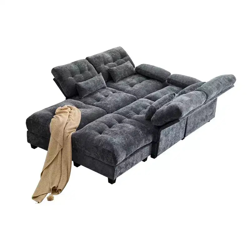 Divano Whisen 119 in ciniglia a 4 posti, divano componibile e divano con 2 pouf, schienale regolabile, 4 cuscini decorativi