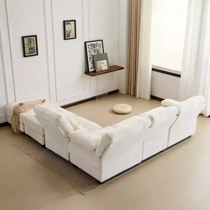 Divano Whisen 119 in ciniglia a 4 posti, divano componibile e divano con 2 pouf, schienale regolabile, 4 cuscini decorativi