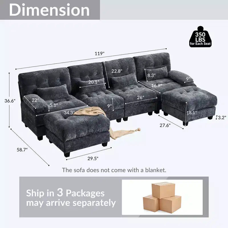 Divano Whisen 119 in ciniglia a 4 posti, divano componibile e divano con 2 pouf, schienale regolabile, 4 cuscini decorativi