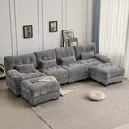 Divano Whisen 119 in ciniglia a 4 posti, divano componibile e divano con 2 pouf, schienale regolabile, 4 cuscini decorativi
