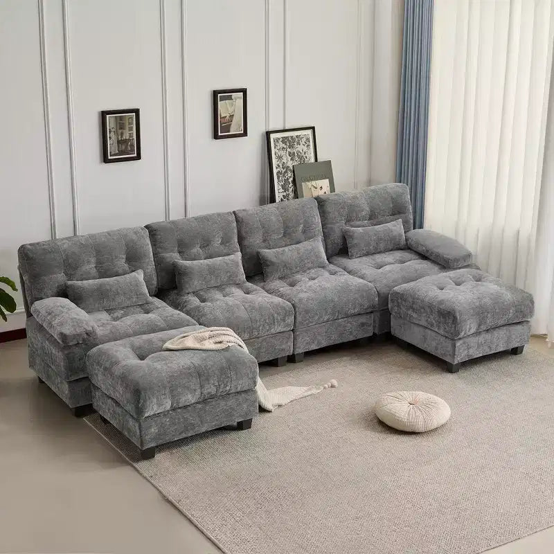 Divano Whisen 119 in ciniglia a 4 posti, divano componibile e divano con 2 pouf, schienale regolabile, 4 cuscini decorativi