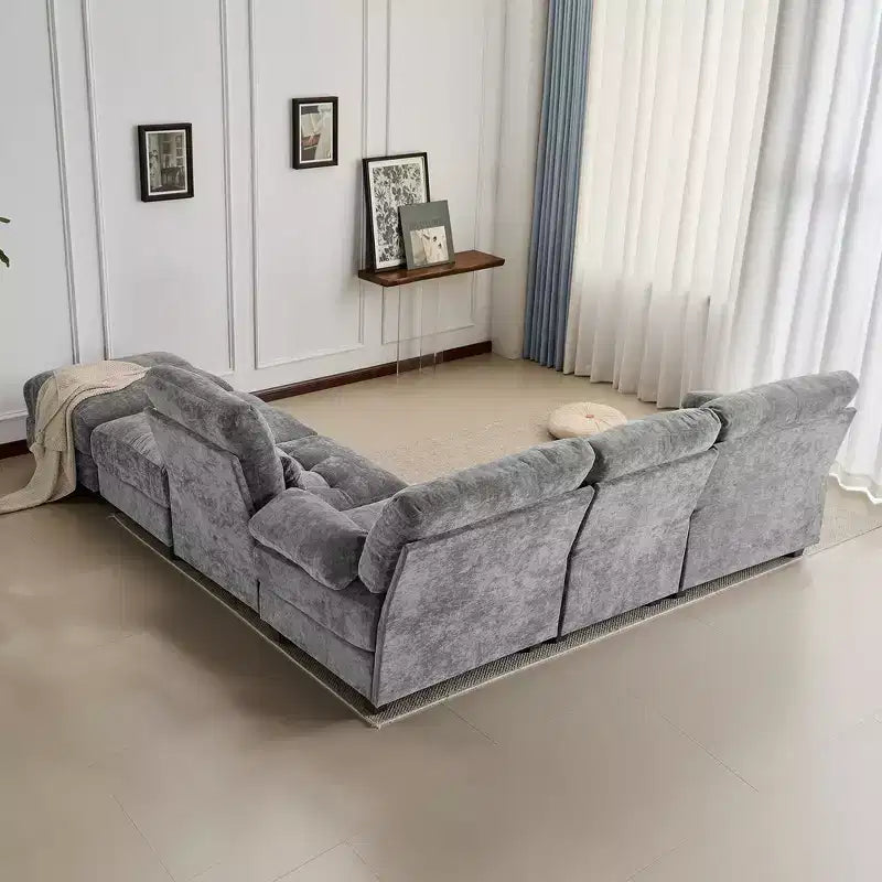 Divano Whisen 119 in ciniglia a 4 posti, divano componibile e divano con 2 pouf, schienale regolabile, 4 cuscini decorativi