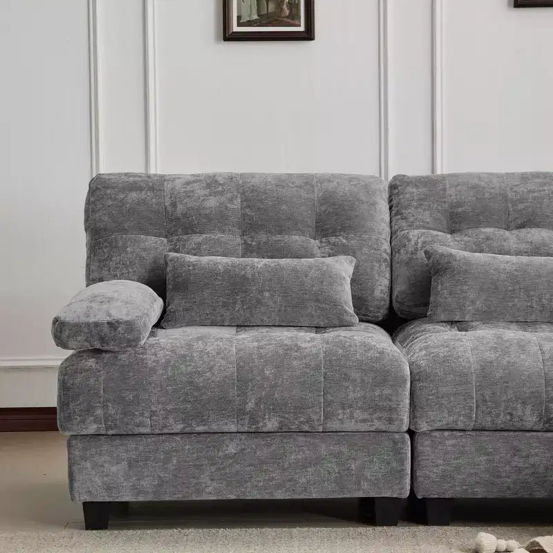 Divano Whisen 119 in ciniglia a 4 posti, divano componibile e divano con 2 pouf, schienale regolabile, 4 cuscini decorativi