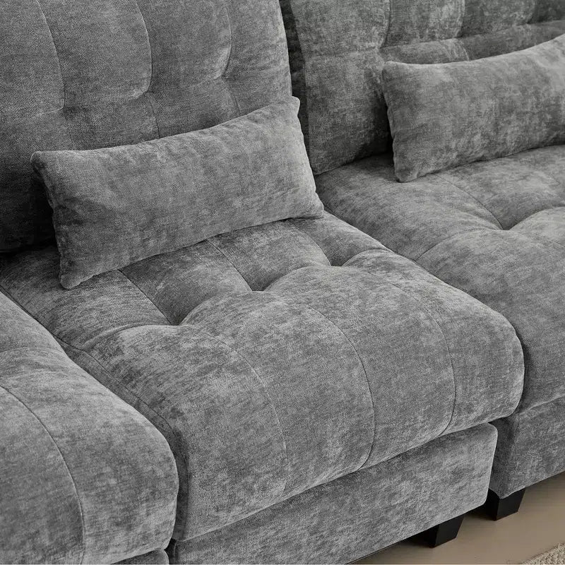 Divano Whisen 119 in ciniglia a 4 posti, divano componibile e divano con 2 pouf, schienale regolabile, 4 cuscini decorativi