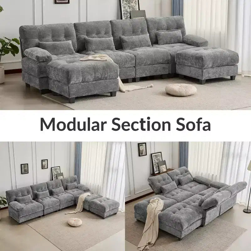 Divano Whisen 119 in ciniglia a 4 posti, divano componibile e divano con 2 pouf, schienale regolabile, 4 cuscini decorativi