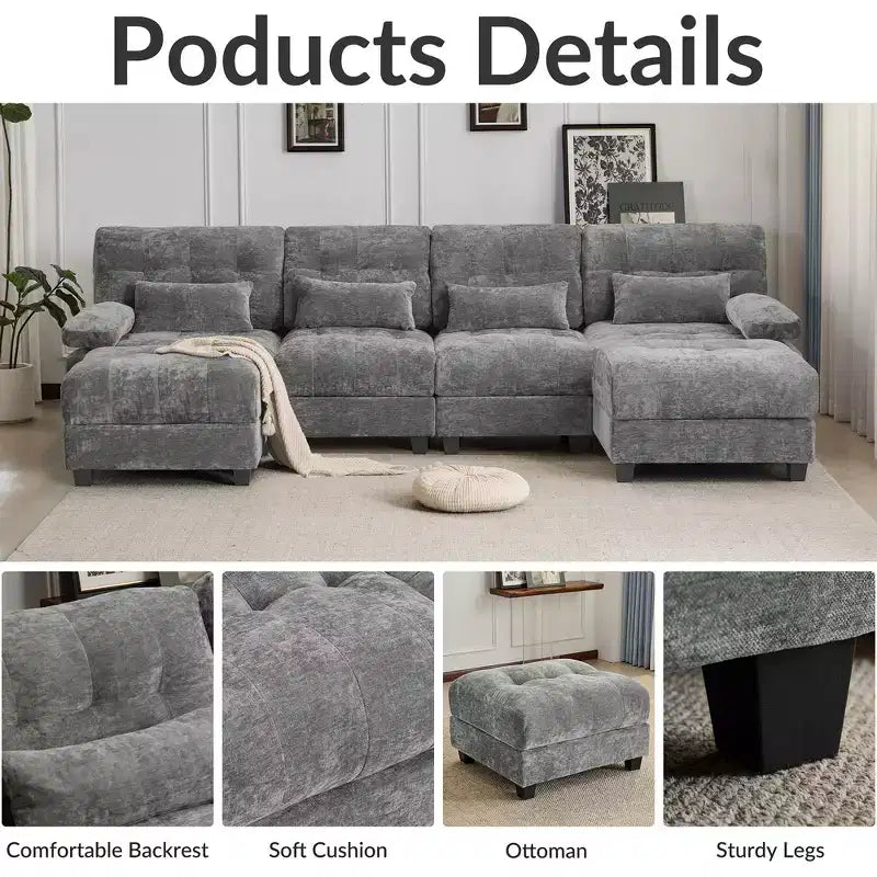 Divano Whisen 119 in ciniglia a 4 posti, divano componibile e divano con 2 pouf, schienale regolabile, 4 cuscini decorativi