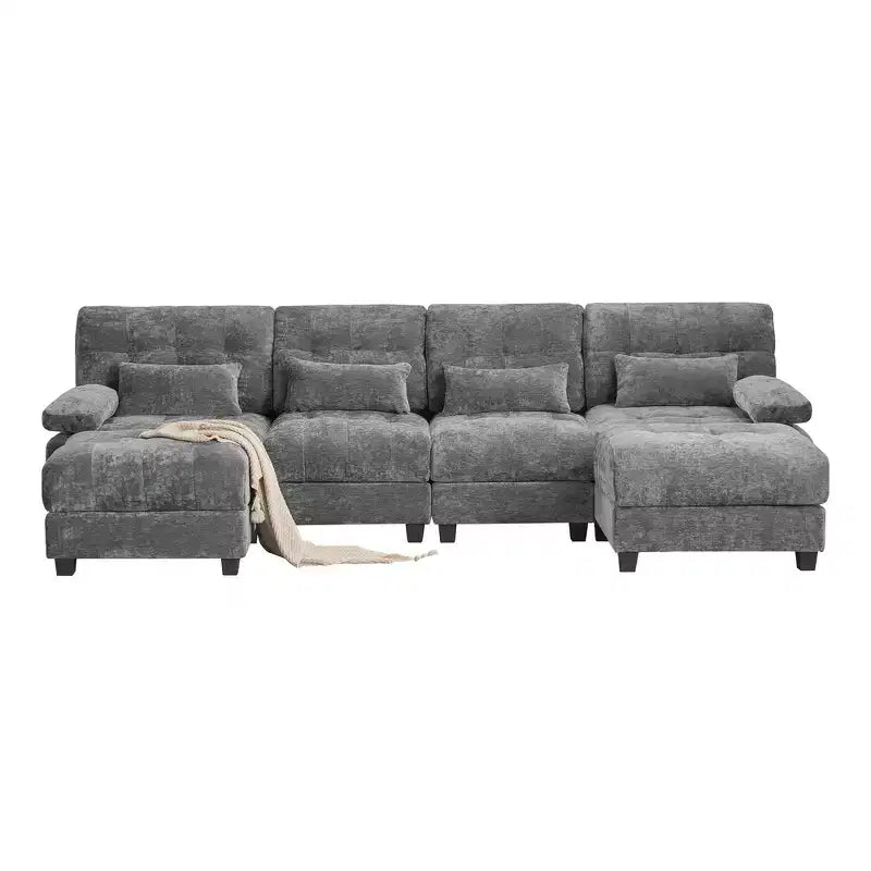 Divano Whisen 119 in ciniglia a 4 posti, divano componibile e divano con 2 pouf, schienale regolabile, 4 cuscini decorativi