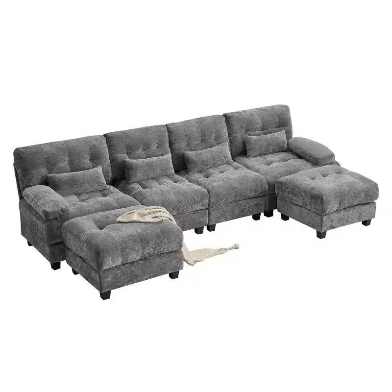 Divano Whisen 119 in ciniglia a 4 posti, divano componibile e divano con 2 pouf, schienale regolabile, 4 cuscini decorativi