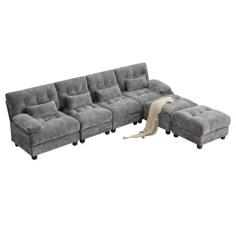 Divano Whisen 119 in ciniglia a 4 posti, divano componibile e divano con 2 pouf, schienale regolabile, 4 cuscini decorativi