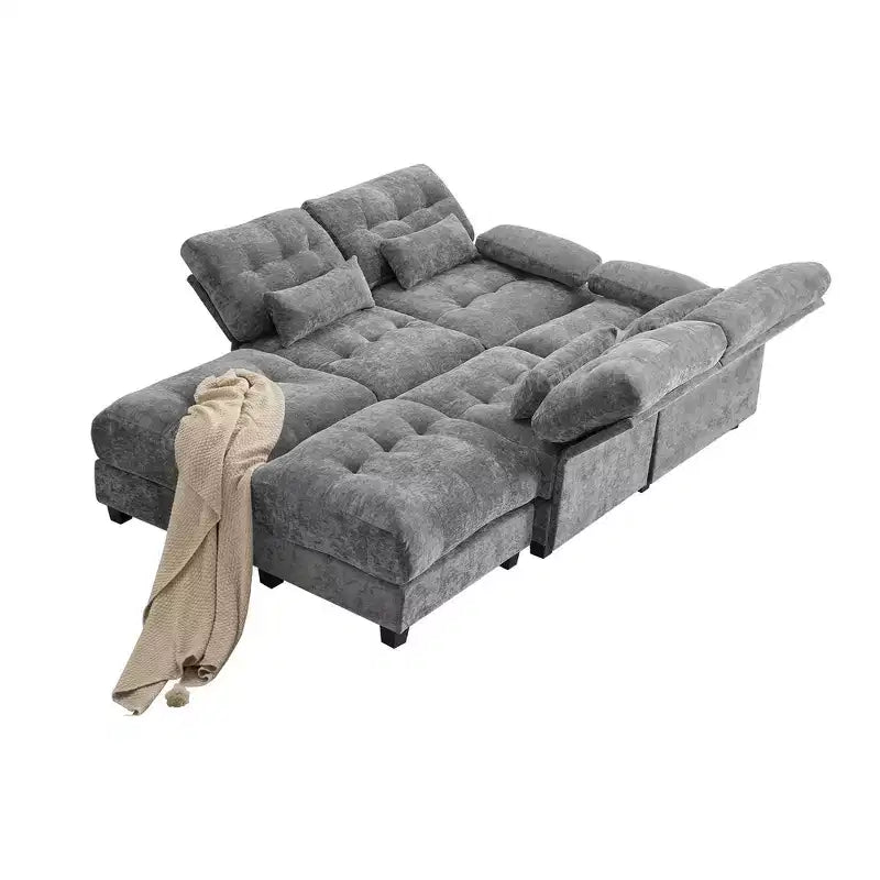 Divano Whisen 119 in ciniglia a 4 posti, divano componibile e divano con 2 pouf, schienale regolabile, 4 cuscini decorativi