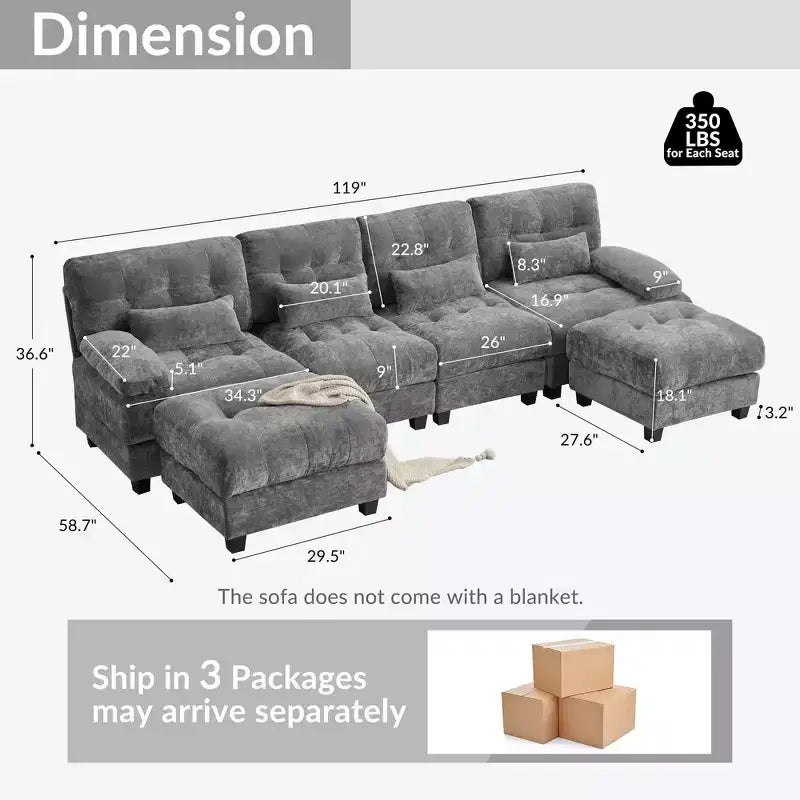 Divano Whisen 119 in ciniglia a 4 posti, divano componibile e divano con 2 pouf, schienale regolabile, 4 cuscini decorativi