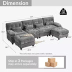 Divano Whisen 119 in ciniglia a 4 posti, divano componibile e divano con 2 pouf, schienale regolabile, 4 cuscini decorativi