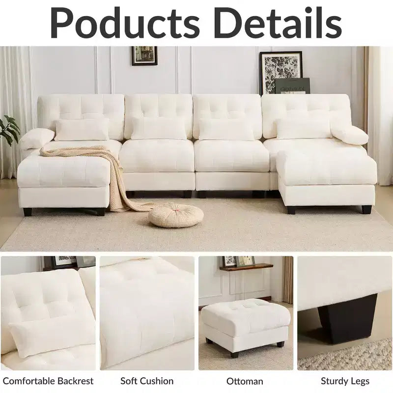 Divano Whisen 119 in ciniglia a 4 posti, divano componibile e divano con 2 pouf, schienale regolabile, 4 cuscini decorativi