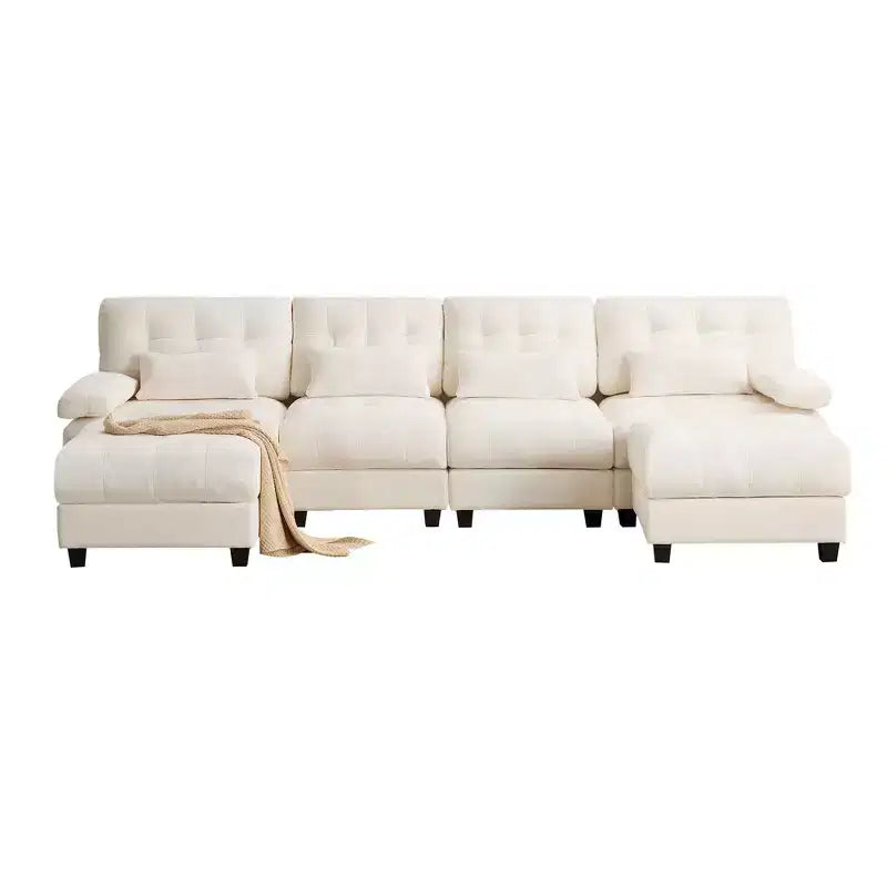 Divano Whisen 119 in ciniglia a 4 posti, divano componibile e divano con 2 pouf, schienale regolabile, 4 cuscini decorativi
