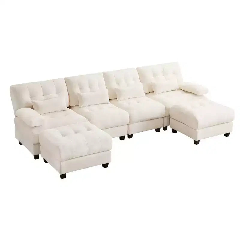 Divano Whisen 119 in ciniglia a 4 posti, divano componibile e divano con 2 pouf, schienale regolabile, 4 cuscini decorativi