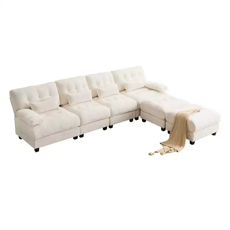 Divano Whisen 119 in ciniglia a 4 posti, divano componibile e divano con 2 pouf, schienale regolabile, 4 cuscini decorativi