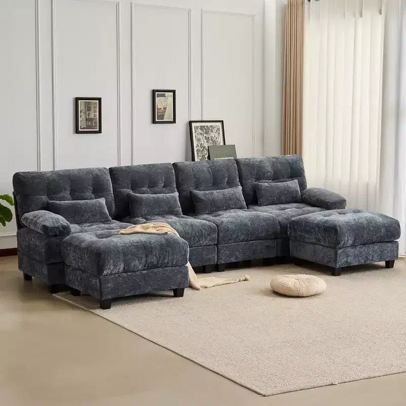 Divano Whisen 119 in ciniglia a 4 posti, divano componibile e divano con 2 pouf, schienale regolabile, 4 cuscini decorativi