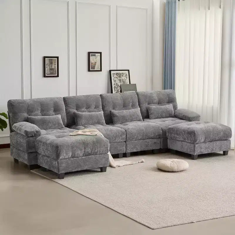 Divano Whisen 119 in ciniglia a 4 posti, divano componibile e divano con 2 pouf, schienale regolabile, 4 cuscini decorativi