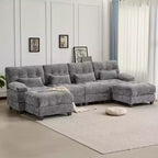 Divano Whisen 119 in ciniglia a 4 posti, divano componibile e divano con 2 pouf, schienale regolabile, 4 cuscini decorativi