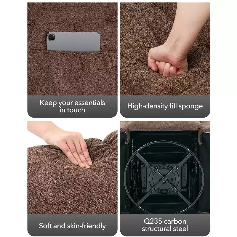 Poltrona Reclinabile Basculante, Girevole a 360°, Reclinabile Singola Lazy Boy, Recliner Manuale Extra Largo, Rivestimento in ciniglia Sovraccarico Morbido